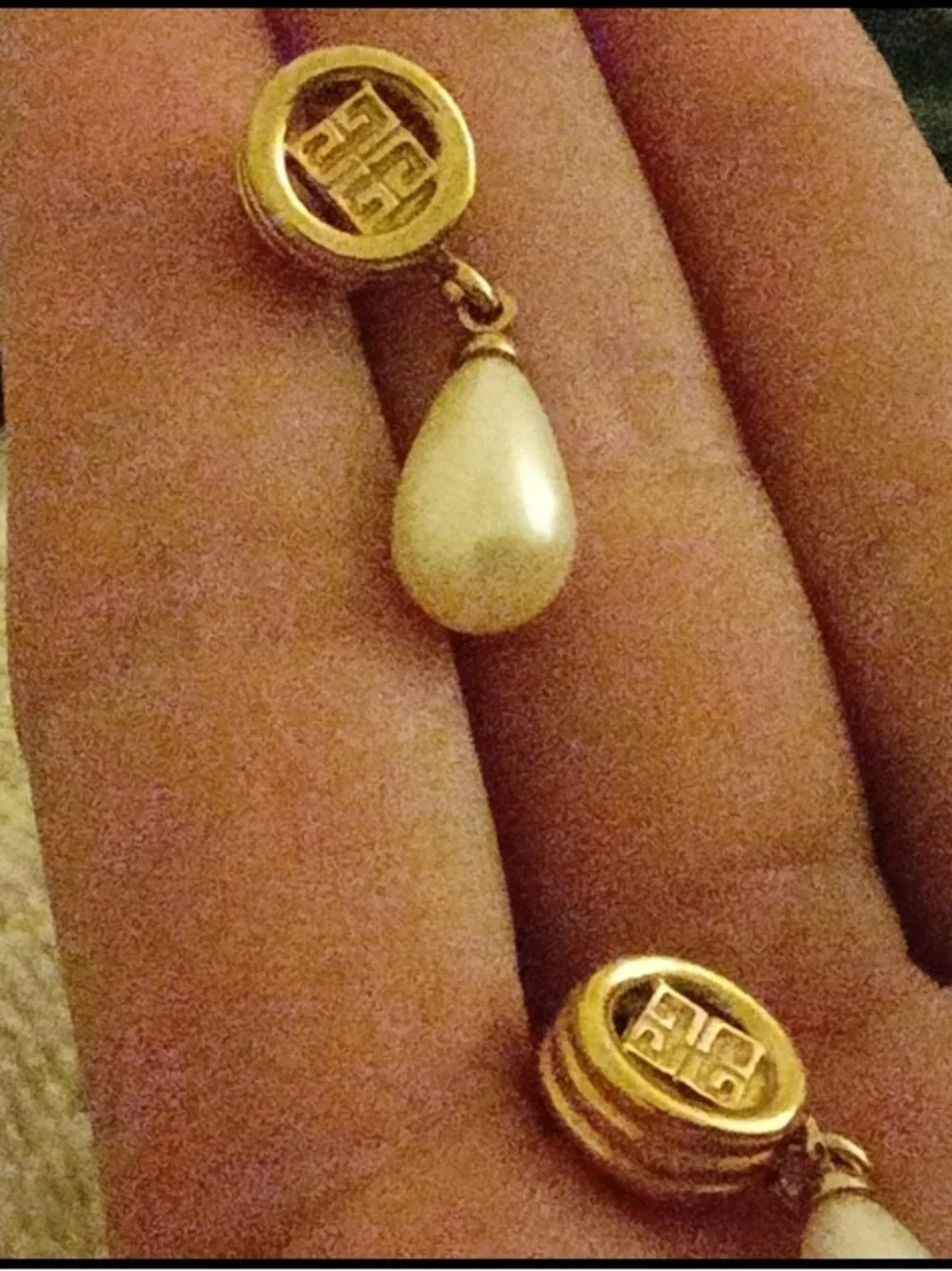 Givenchy Gold-Tone Pearl Drop Logo Pierced Earrings. 1” long